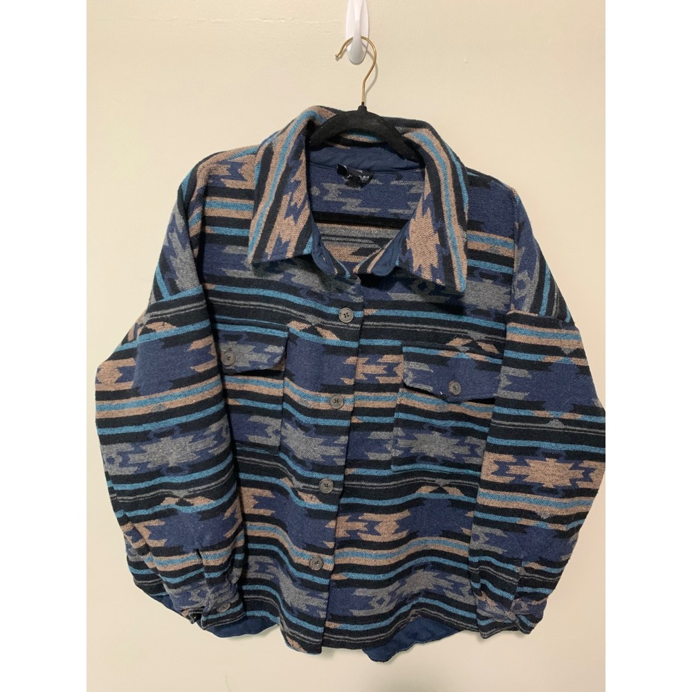 Perch by Blu Pepper Southwestern Geometric Shacket Navy Blue Tan 1XL PB2SJ1028